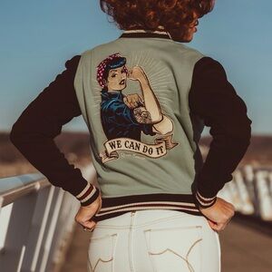 Rockabilly 'We Can Do It' Bomber Jacket - Light Blue & Black